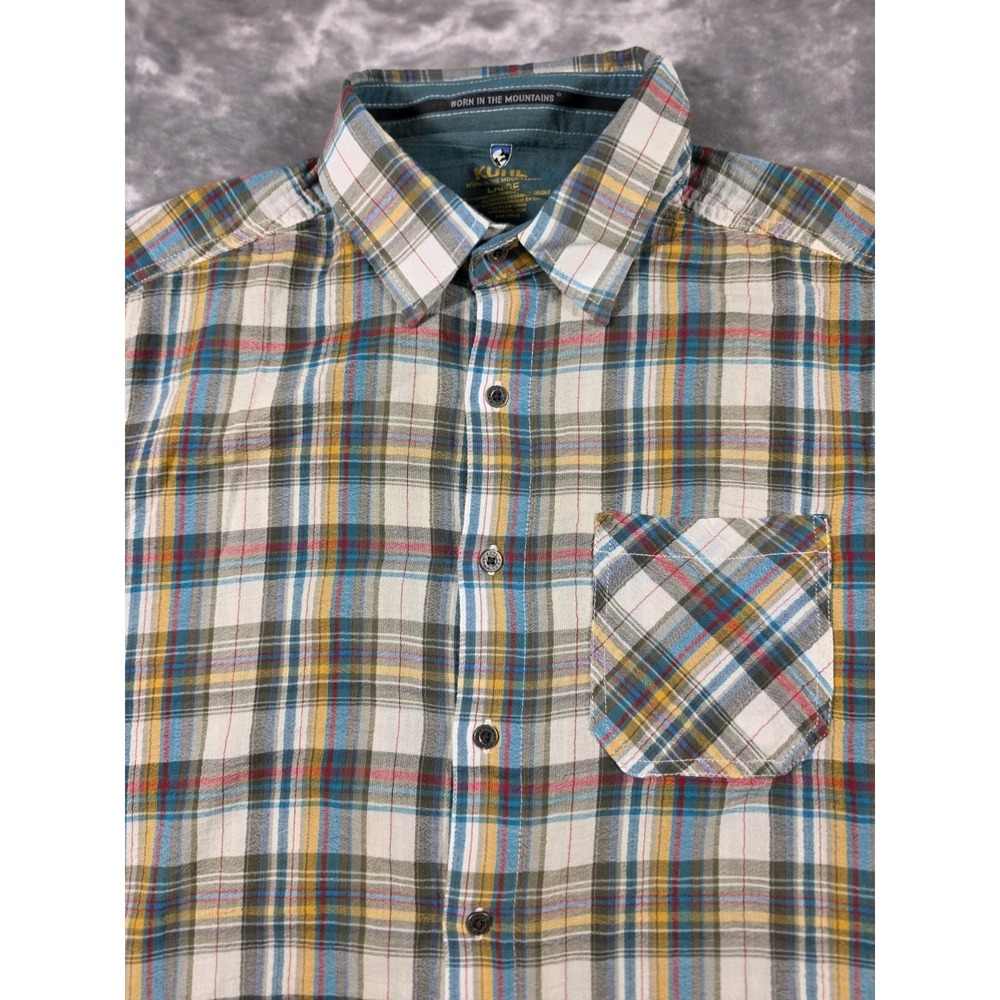 Kuhl Shirt Men's Organic Cotton Short Sleeve Button Up‎ Madras Plaid Sz Large